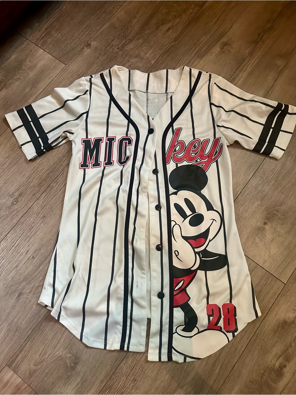 Mickey Mouse Pinstripe Baseball Jersey - White, Black & Red